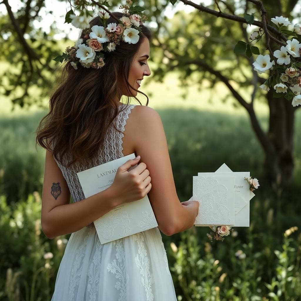 Une scène romantique de préparation de mariage bohème en campagne française, avec une future mariée tenant des faire-part élégants faits de papier texturé avec motifs floraux délicats, entourée de fleurs sauvages et de dentelle, lumière naturelle douce filtrant à travers les arbres, ambiance sereine et joyeuse, style photographique réaliste, détails fins sur les invitations pliées, arrière-plan flou de champs verts, pas de texte visible.