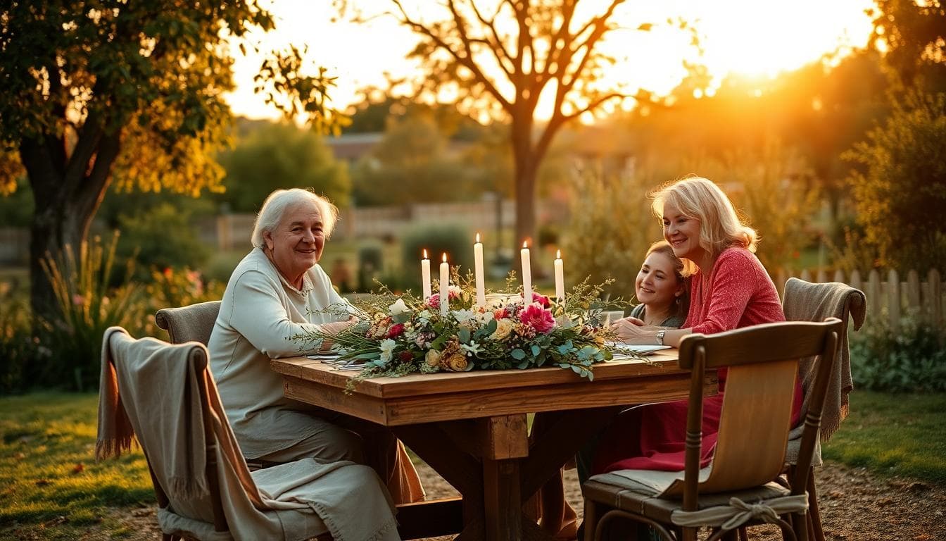 Parents et fils discutant des dépenses du mariage dans un jardin bohème au coucher du soleil, ambiance chaleureuse