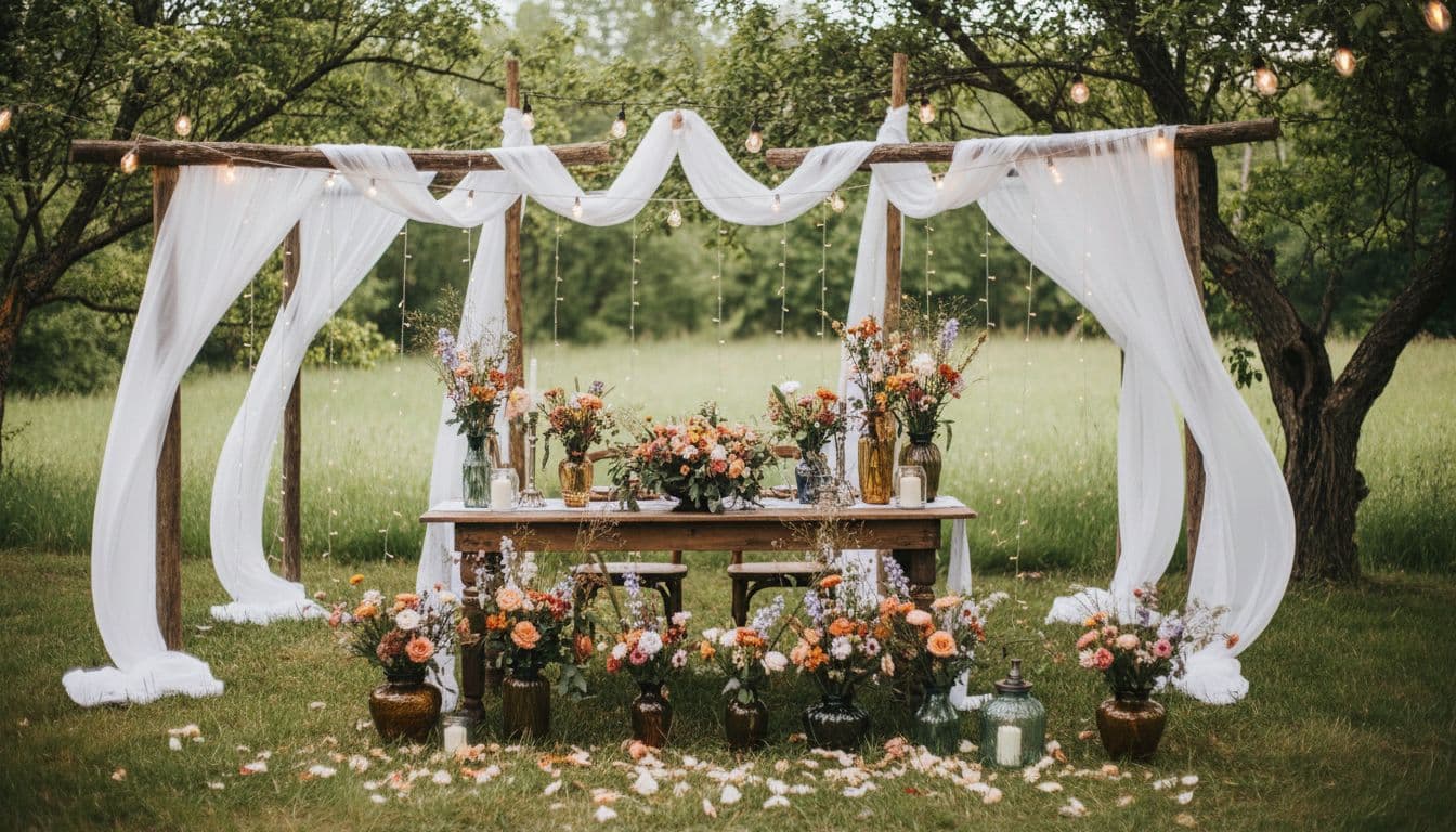 Décoration de mariage bohème chic en extérieur, arches en bois, tissus fluides et fleurs sauvages
