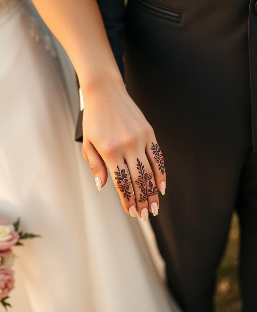 Main de mariée au henné avec une alliance fine à l’annulaire droit, ambiance bohème et fleurs floues en arrière-plan