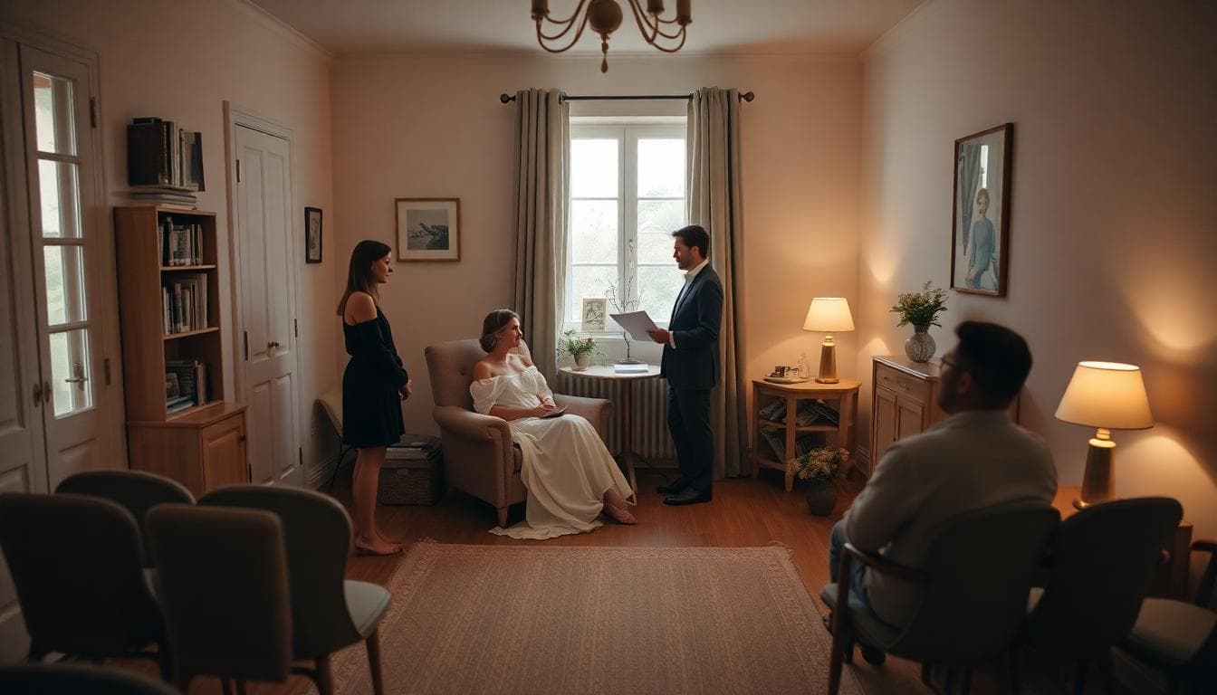 Cérémonie bohème à domicile, aménagement discret avec table de signature et éclairage doux