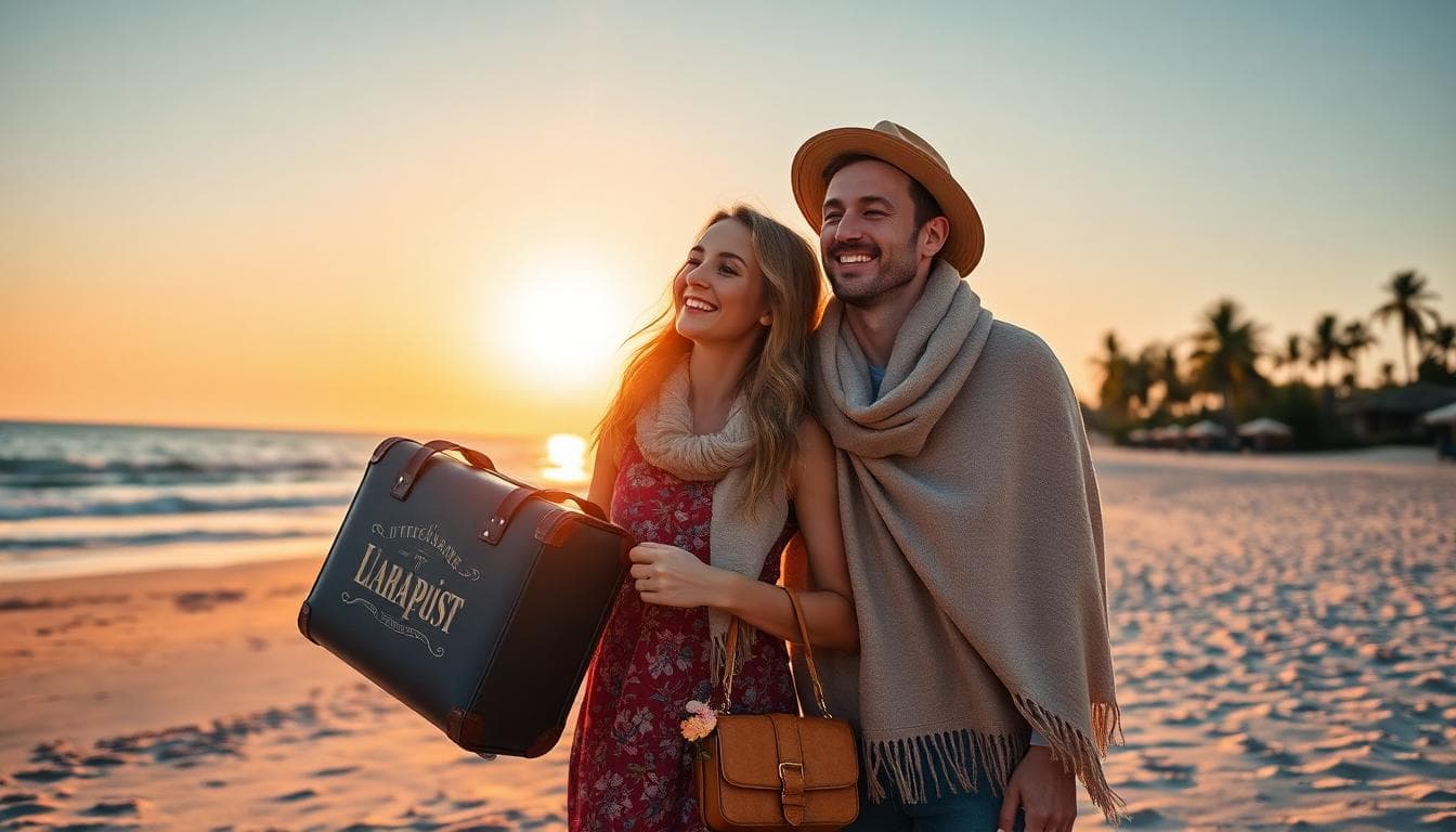 Couple en lune de miel sur une plage au coucher du soleil, ambiance bohème avec accessoires de voyage