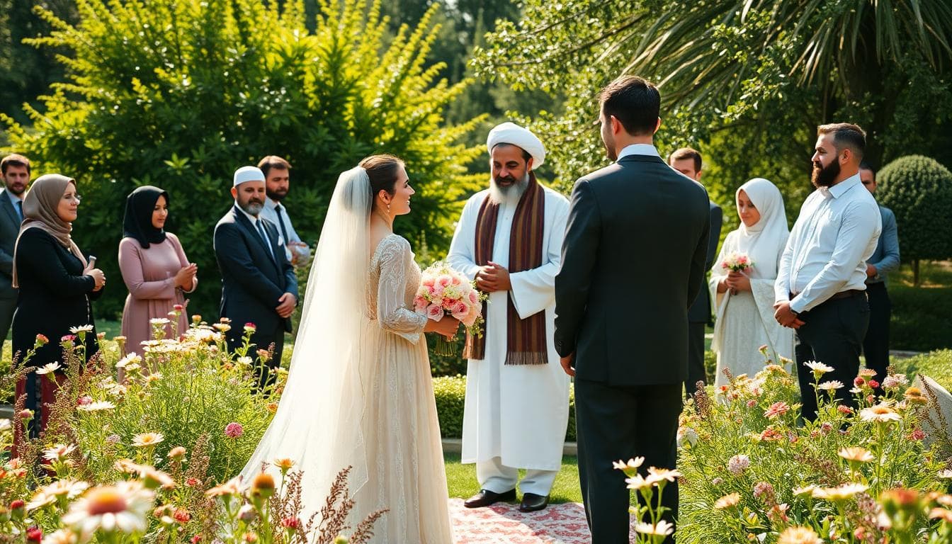 Scène intime de nikah islamique en style bohème dans un jardin français ensoleillé