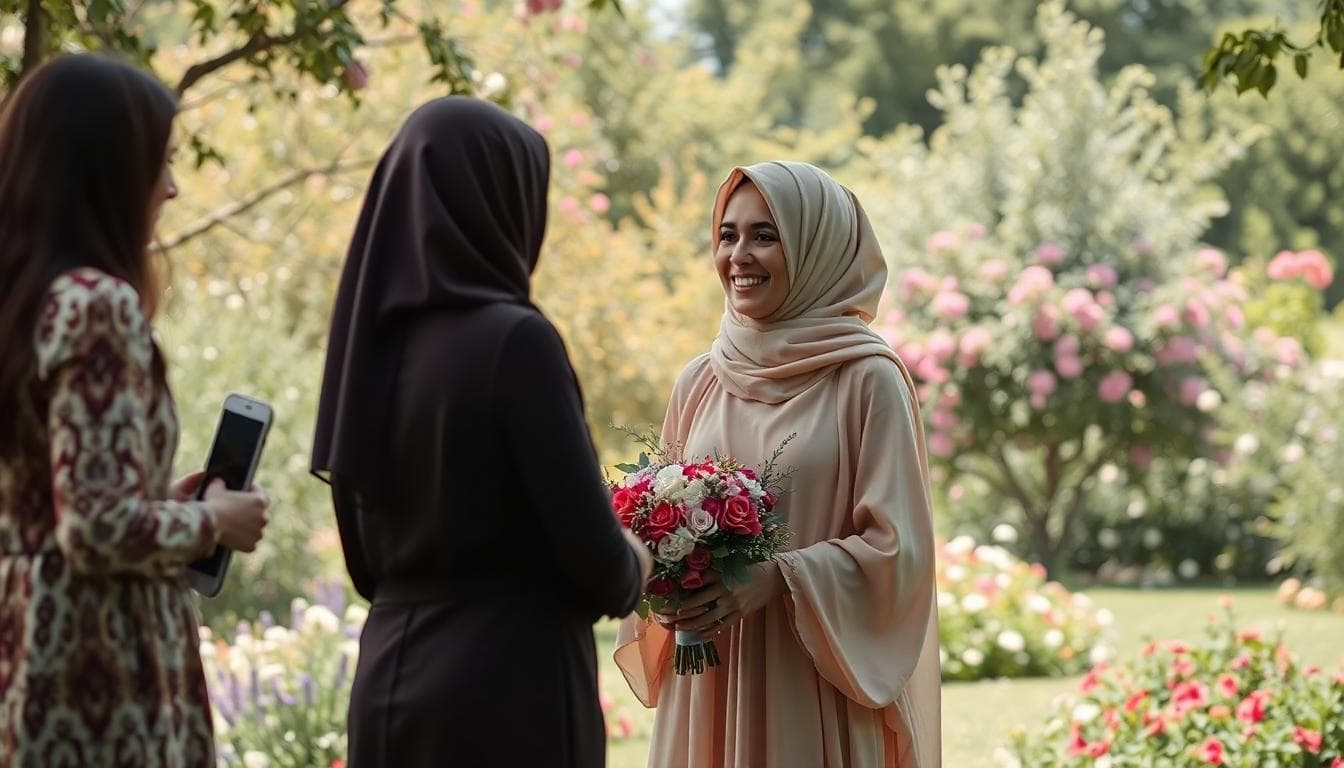 Scène intime de nikah islamique en style bohème avec deux femmes témoignant