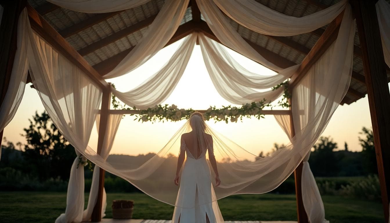 Mariée juive sous une Houppa bohème au crépuscule, fleurs blanches, tissus fluides, silhouette du marié en arrière-plan. Image created with AI