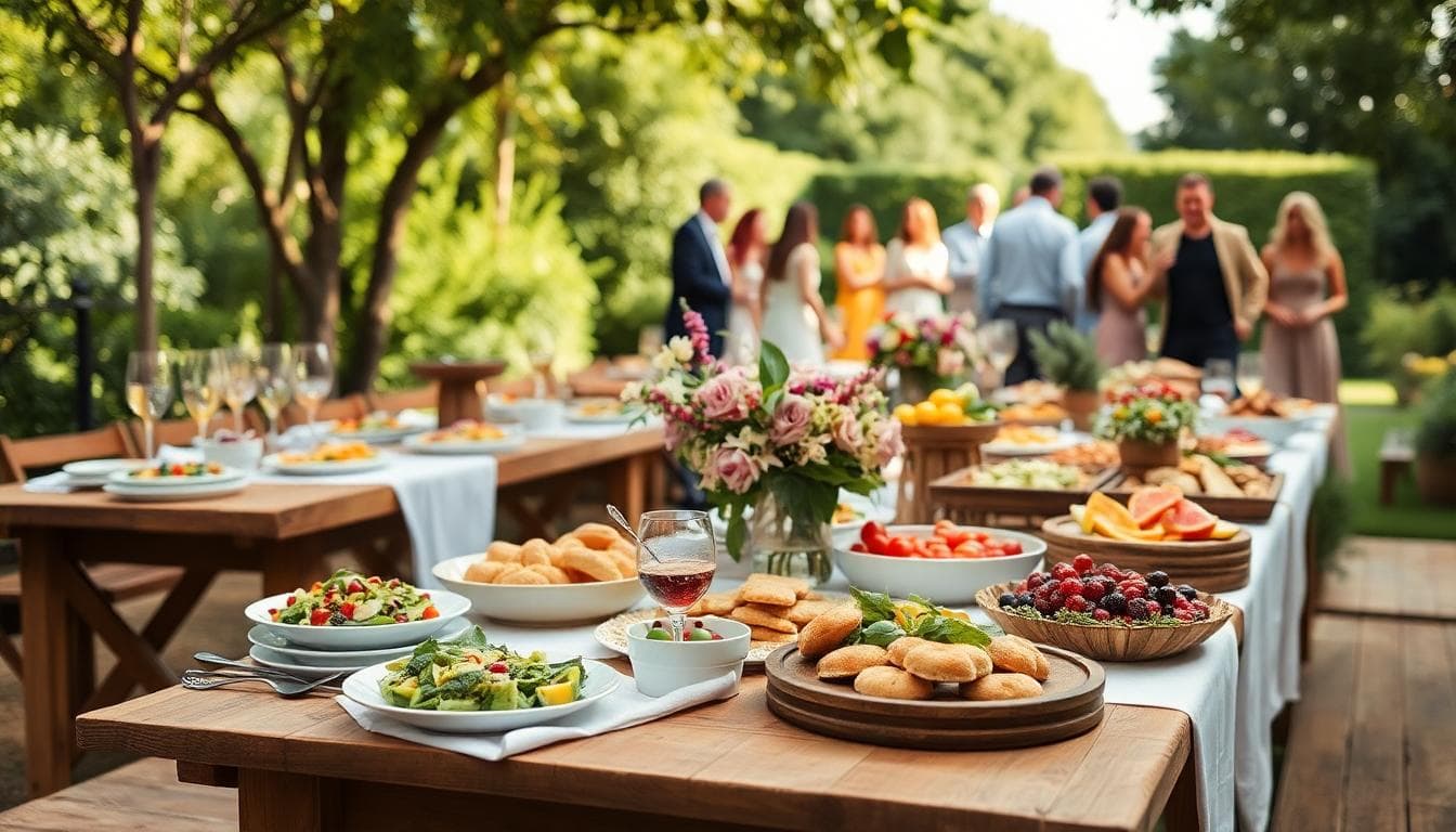 Buffet casher bohème, tables en bois, fleurs sauvages, plats frais et colorés en jardin. Image created with AI