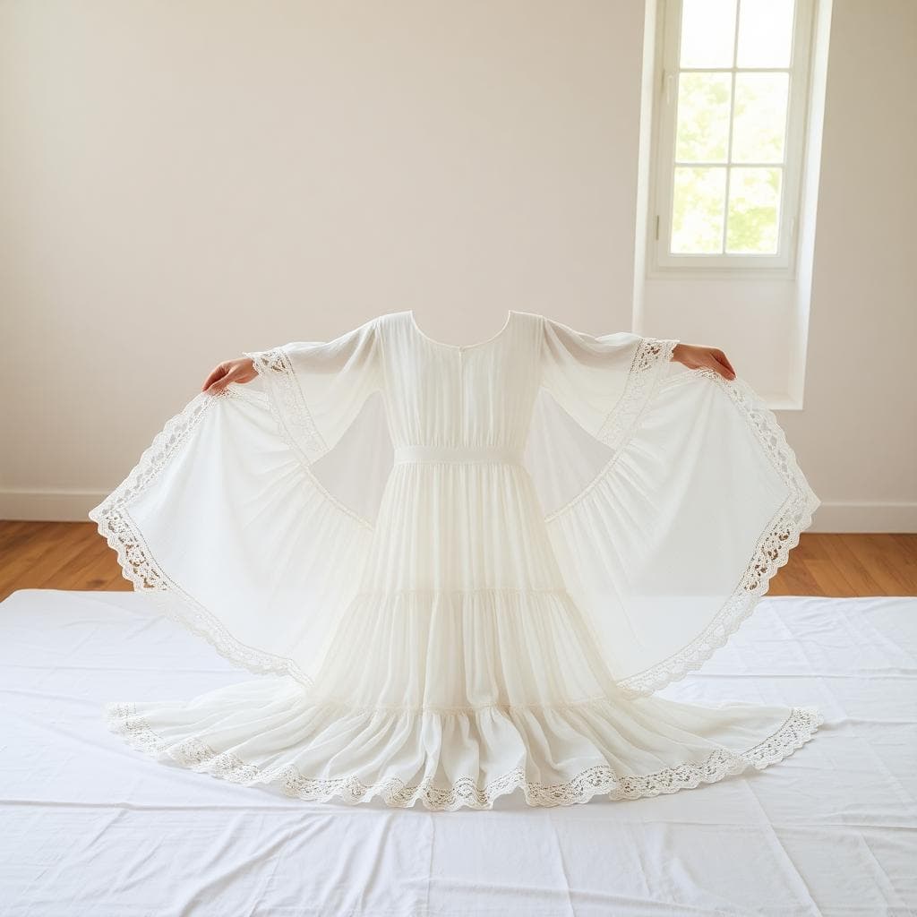Robe de mariée bohème étendue à plat sur des serviettes blanches pour un séchage à l’air, lumière douce entrant par la fenêtre