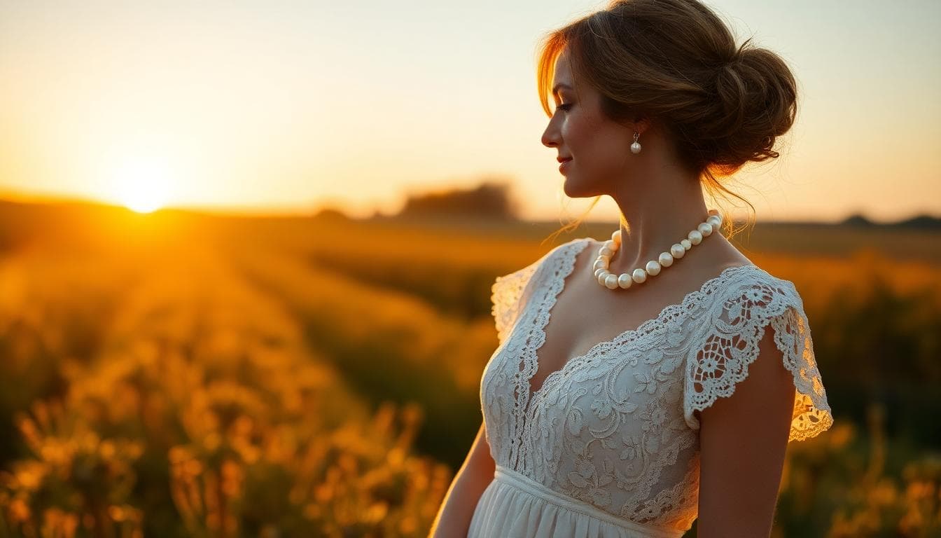 Mariée bohème au coucher du soleil, robe fluide en dentelle, manches courtes, coupe empire et dos nu subtil, accessoires fleurs et perles, ambiance champêtre dorée