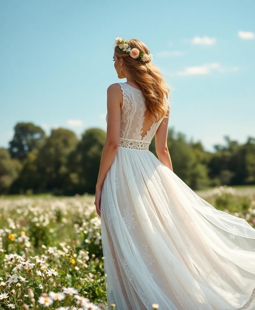Robe de mariée bohème fluide en dentelle dans un champ de fleurs sauvages, ambiance champêtre. Image created with AI