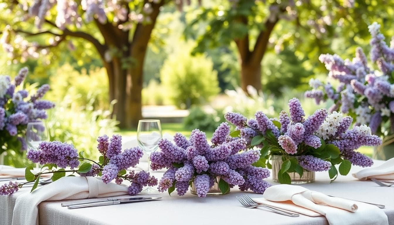 Table bohème pour noces de lilas avec centres de table en lilas, nappe en lin et rubans mauves