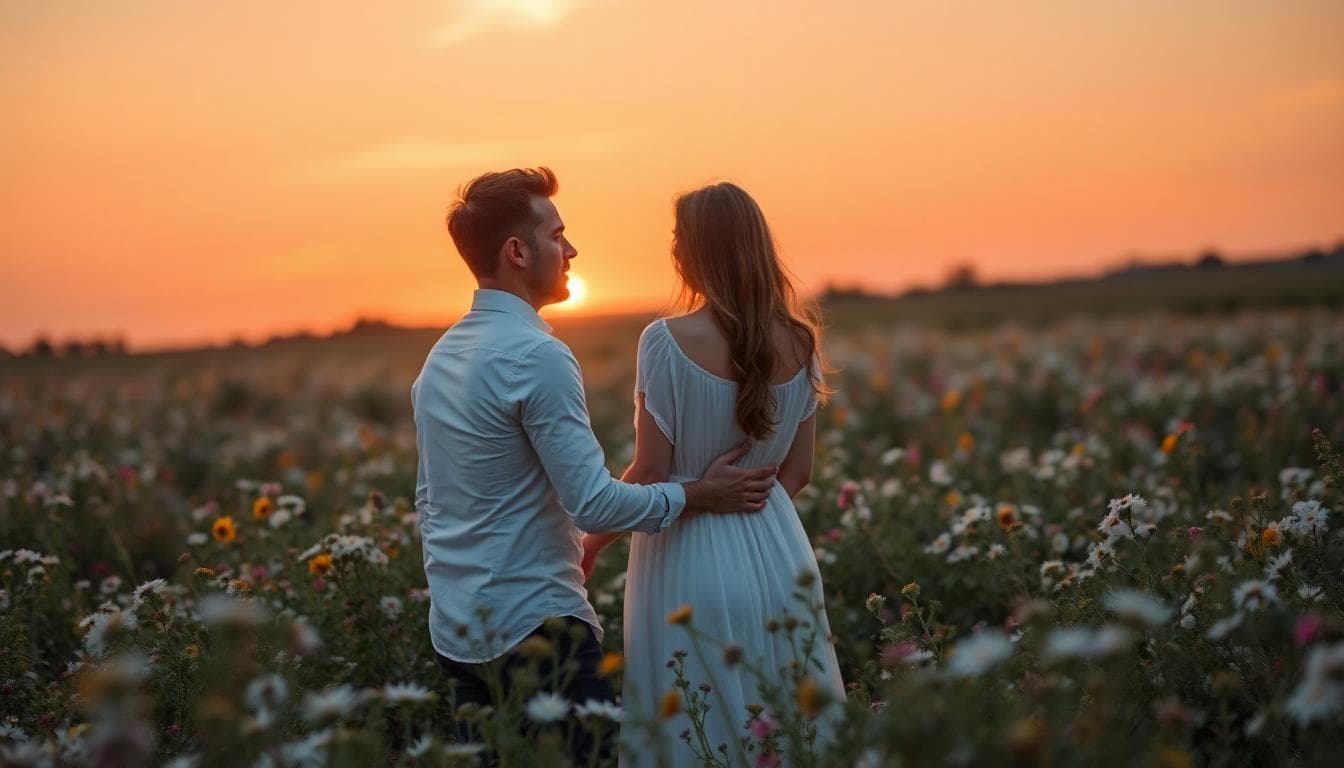 Demande en mariage bohème au coucher du soleil, couple enlacé, ambiance naturelle et dorée
