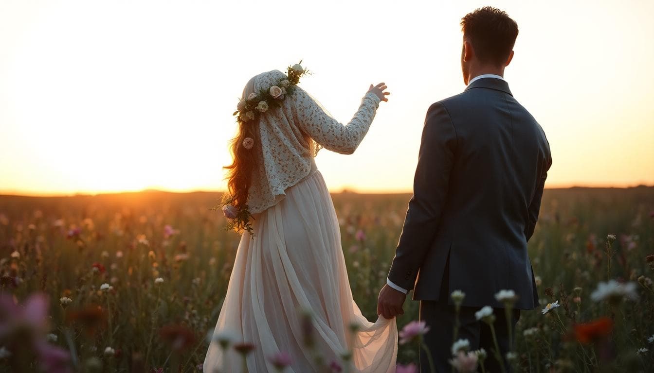 Demande en mariage bohème au coucher du soleil dans un champ fleuri, ambiance douce et naturelle