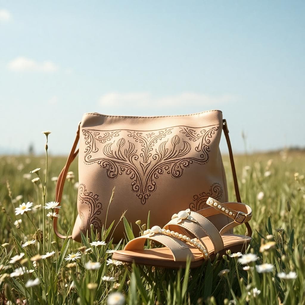 Pochette nude en dentelle fine avec sandales nude sur fond de prairie fleurie, ambiance mariage bohème
