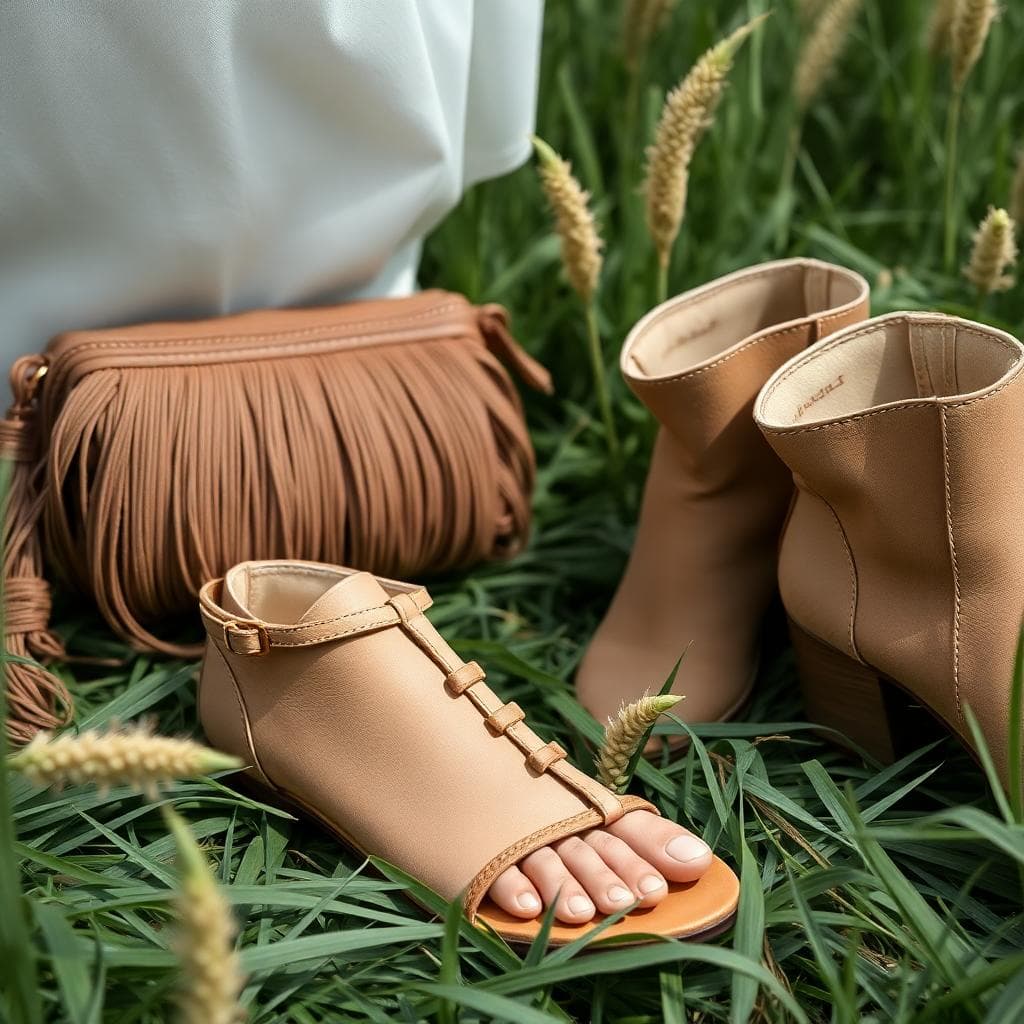 Sandales fines nude et pochette en raphia sur herbe, avec bottines souples en daim sable, textures harmonisées