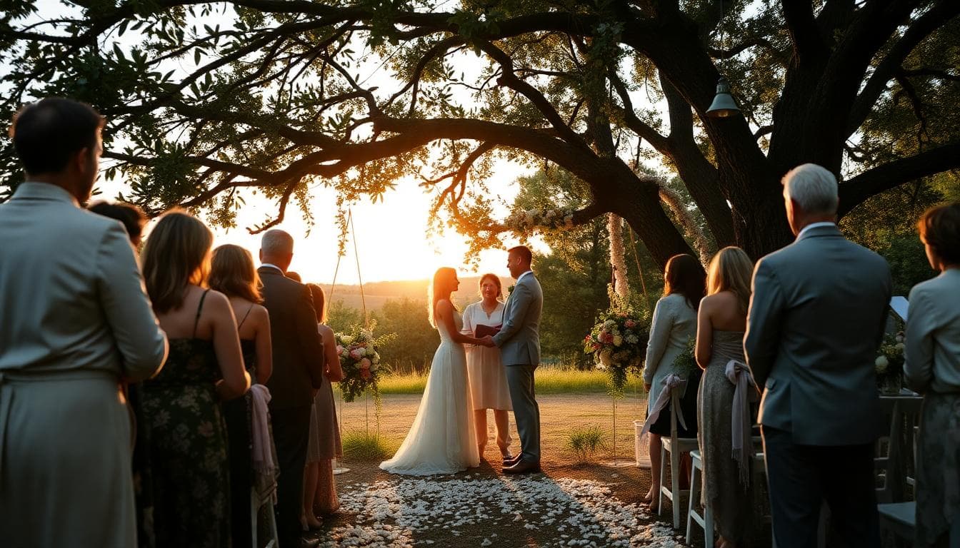 Une cérémonie de mariage laïque en extérieur dans un cadre naturel bohème, avec un couple échangeant des vœux sous un arbre fleuri, entourés de proches en tenues décontractées et romantiques