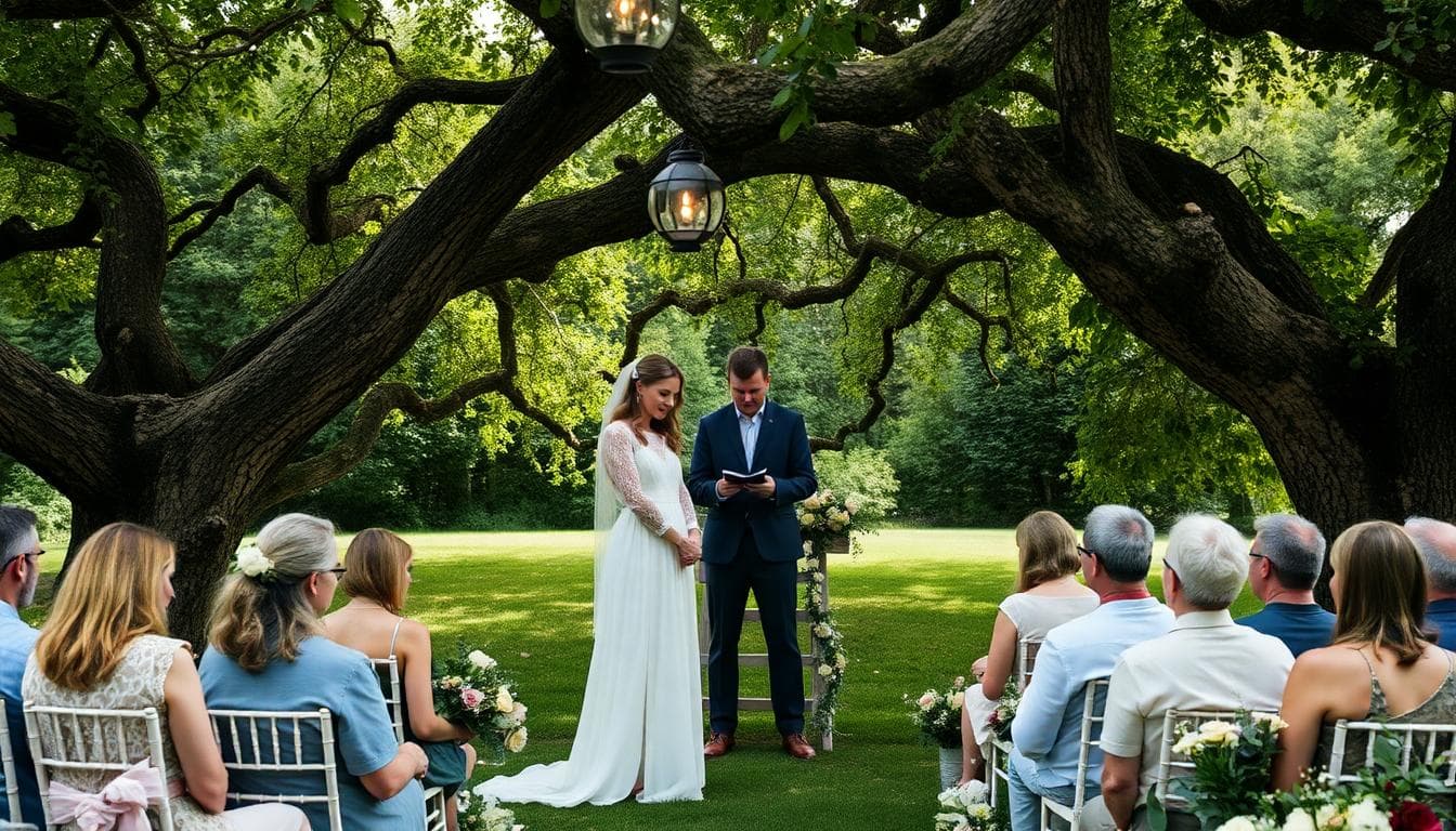 Cérémonie laïque bohème sous un grand arbre, couple échangeant des vœux avec un cercle intime d’invités. Image created with AI