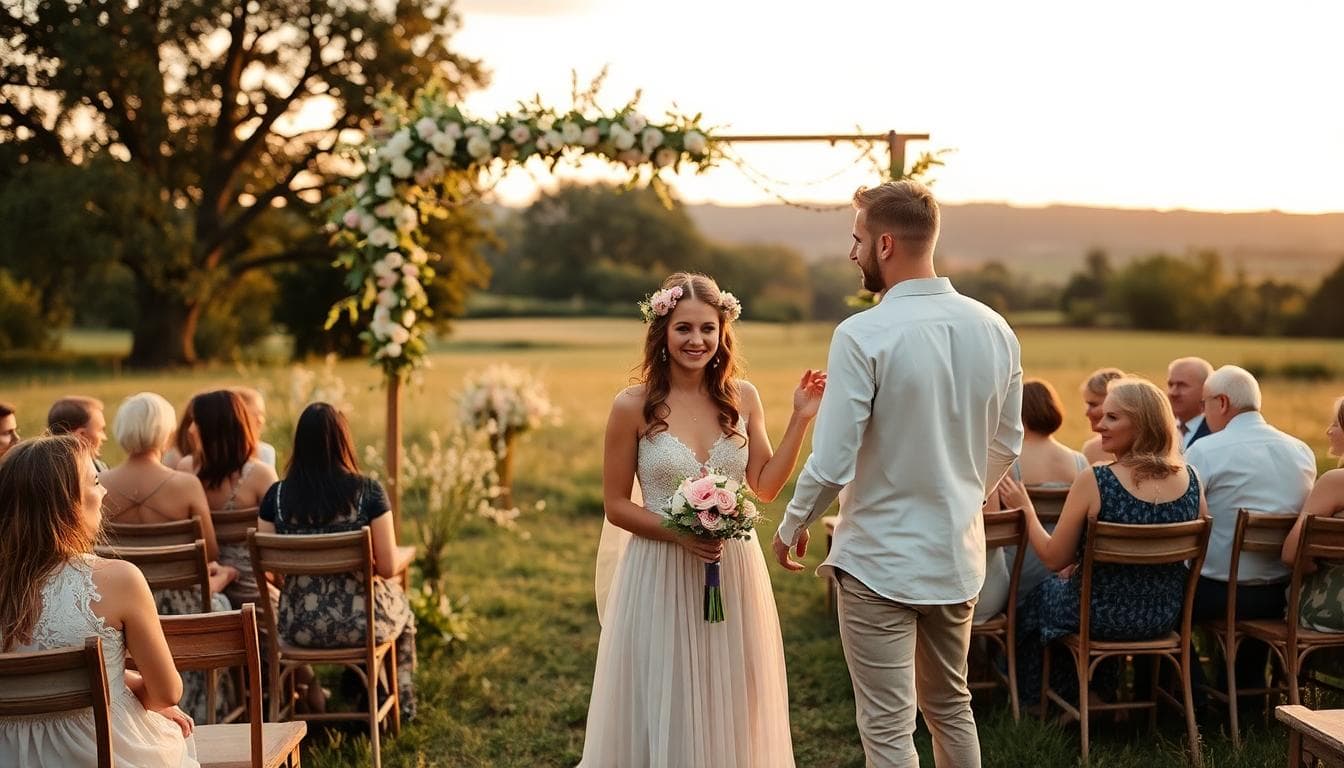 Cérémonie laïque bohème en plein air avec arche florale, invités assis sur des chaises en bois, lumière dorée au coucher du soleil. Image created with AI