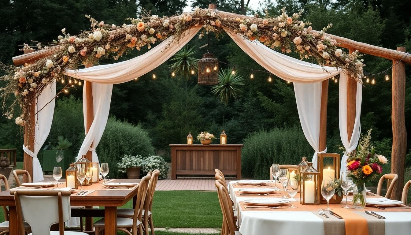 Décoration de mariage bohème économique en extérieur, arche bois simple, fleurs séchées, bougies et table terracotta