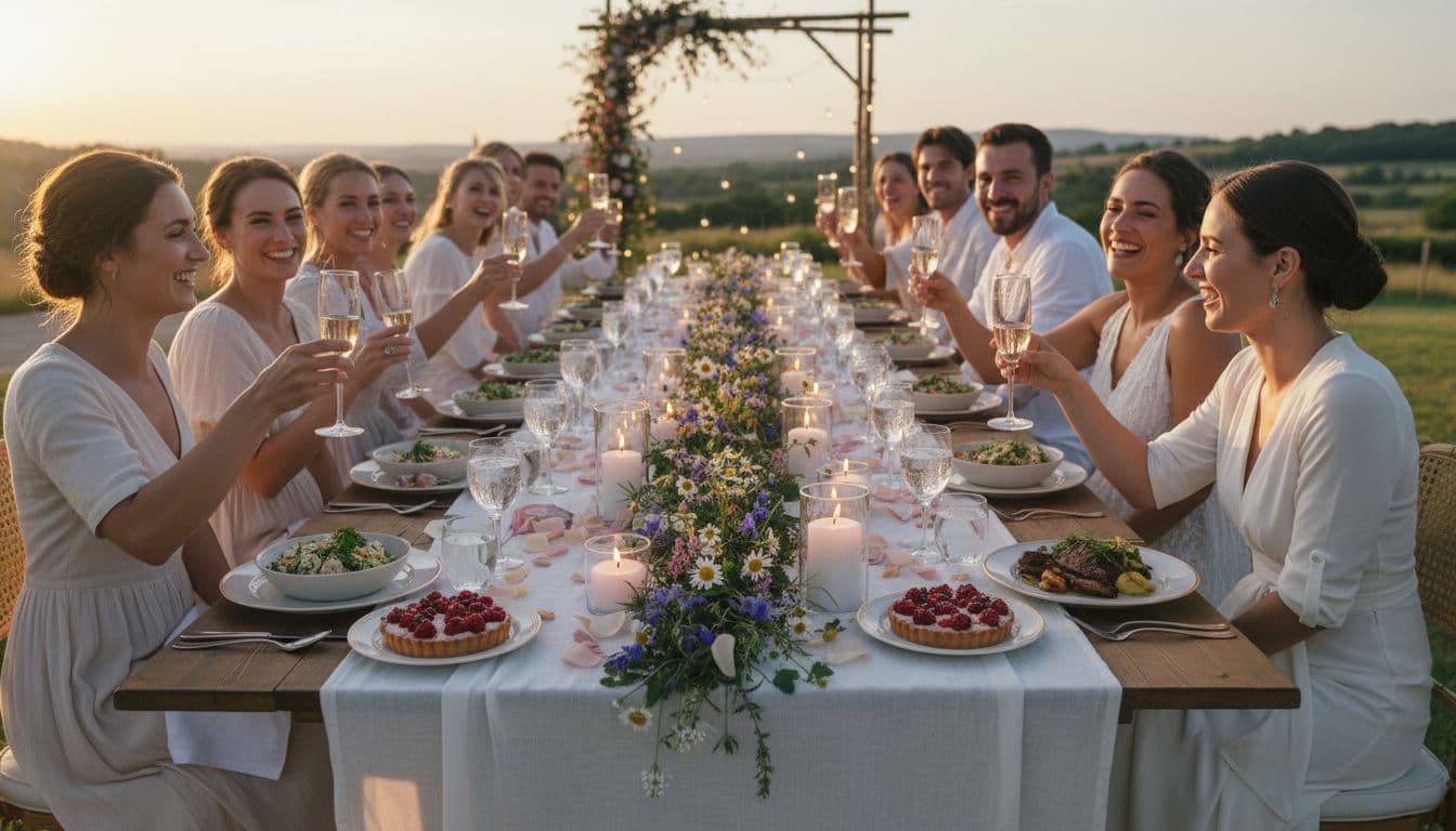 Dîner de mariage bohème chic en plein air, table dressée avec entrée, plat et dessert, vaisselle fine et bougies au coucher du soleil