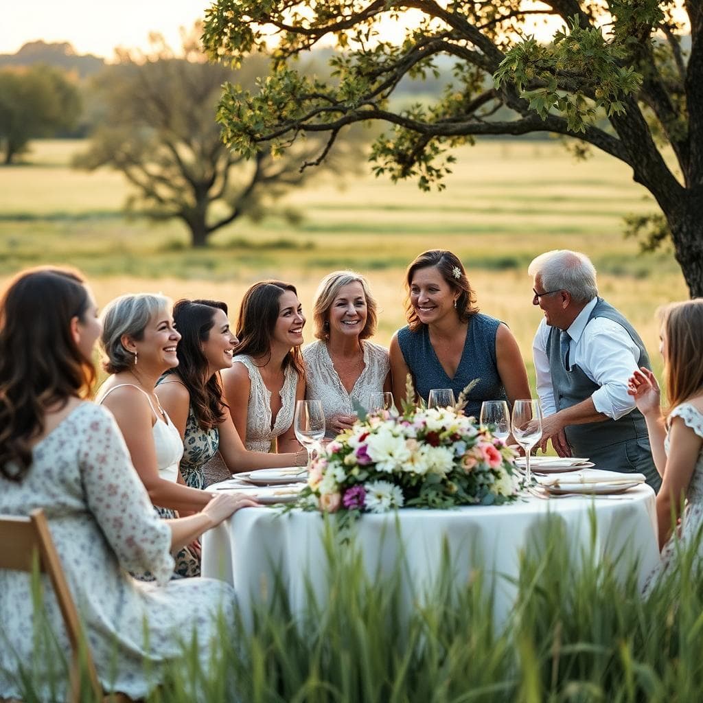 Cousins réunis autour d’une table fleurie lors d’un mariage bohème en plein air, ambiance chaleureuse et familiale