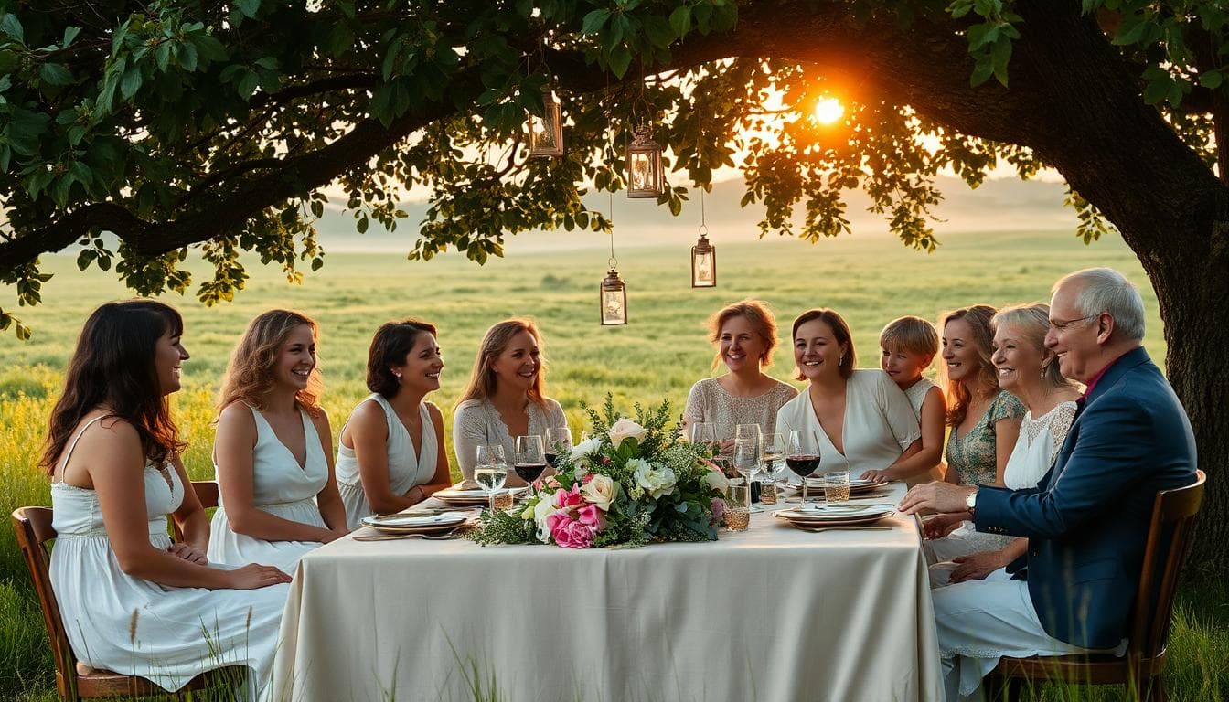 Cousins réunis lors d’un mariage bohème en plein air, grande tablée fleurie sous un arbre, ambiance familiale et lumineuse au coucher du soleil