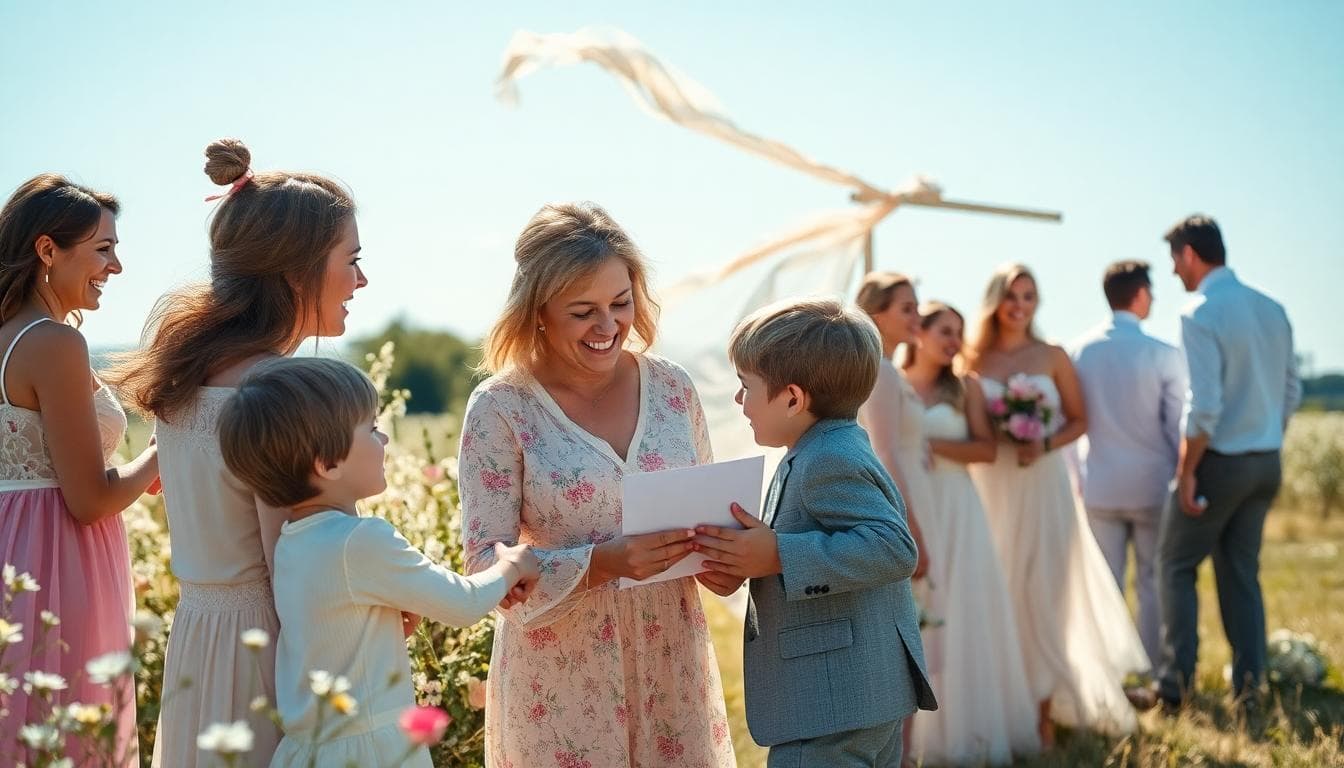 Scène de mariage bohème en extérieur avec échange d’enveloppe cadeau entre proches