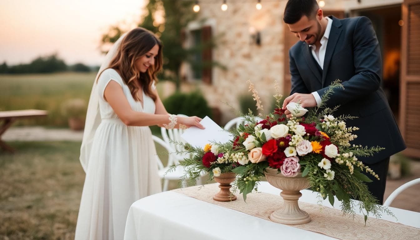 Invités déposant une enveloppe dans une urne fleurie lors d’un mariage bohème en extérieur, lumière douce au crépuscule