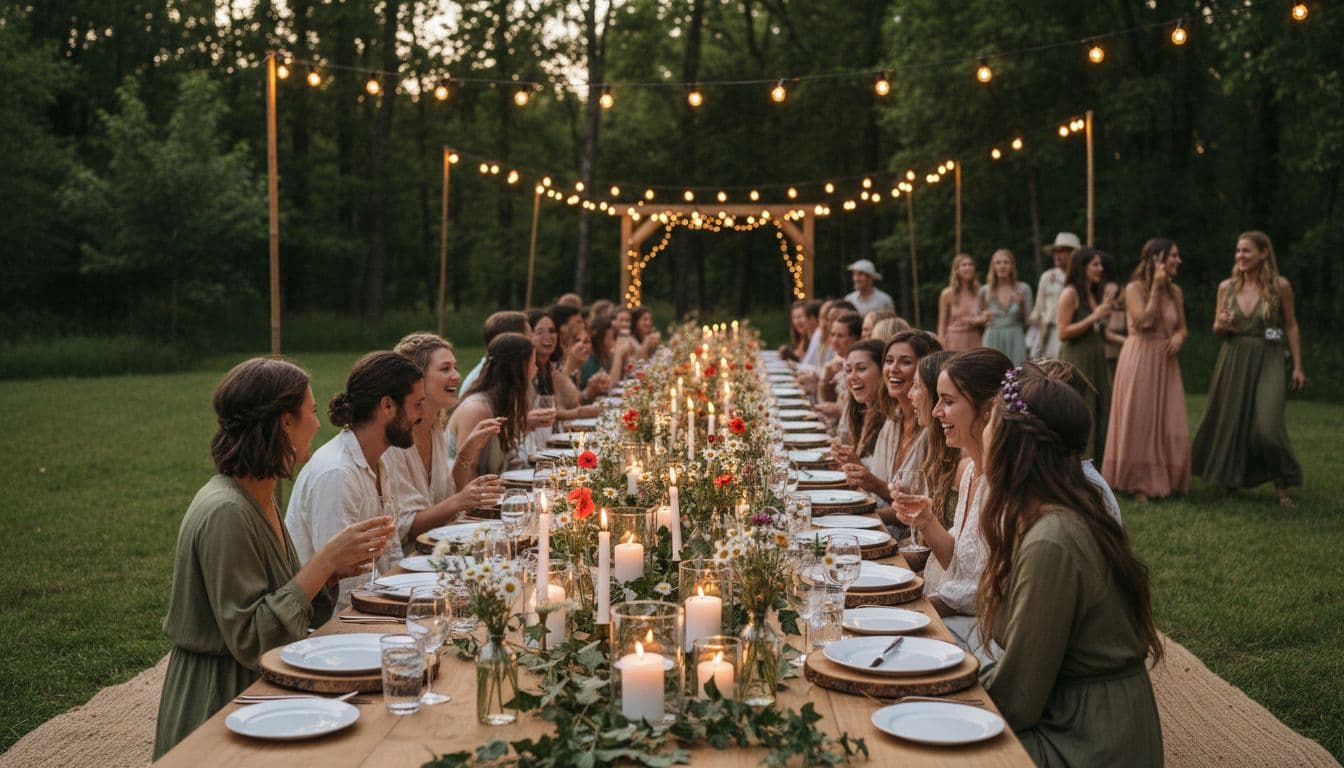 Grande réception de mariage bohème en extérieur, tables longues pour environ 100 invités, fleurs sauvages et bougies au crépuscule