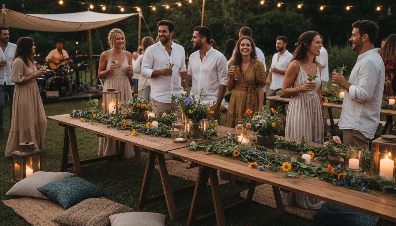 Réception de mariage bohème, buffet simple et végétal en extérieur au crépuscule, tables en bois et fleurs comestibles, ambiance chaleureuse