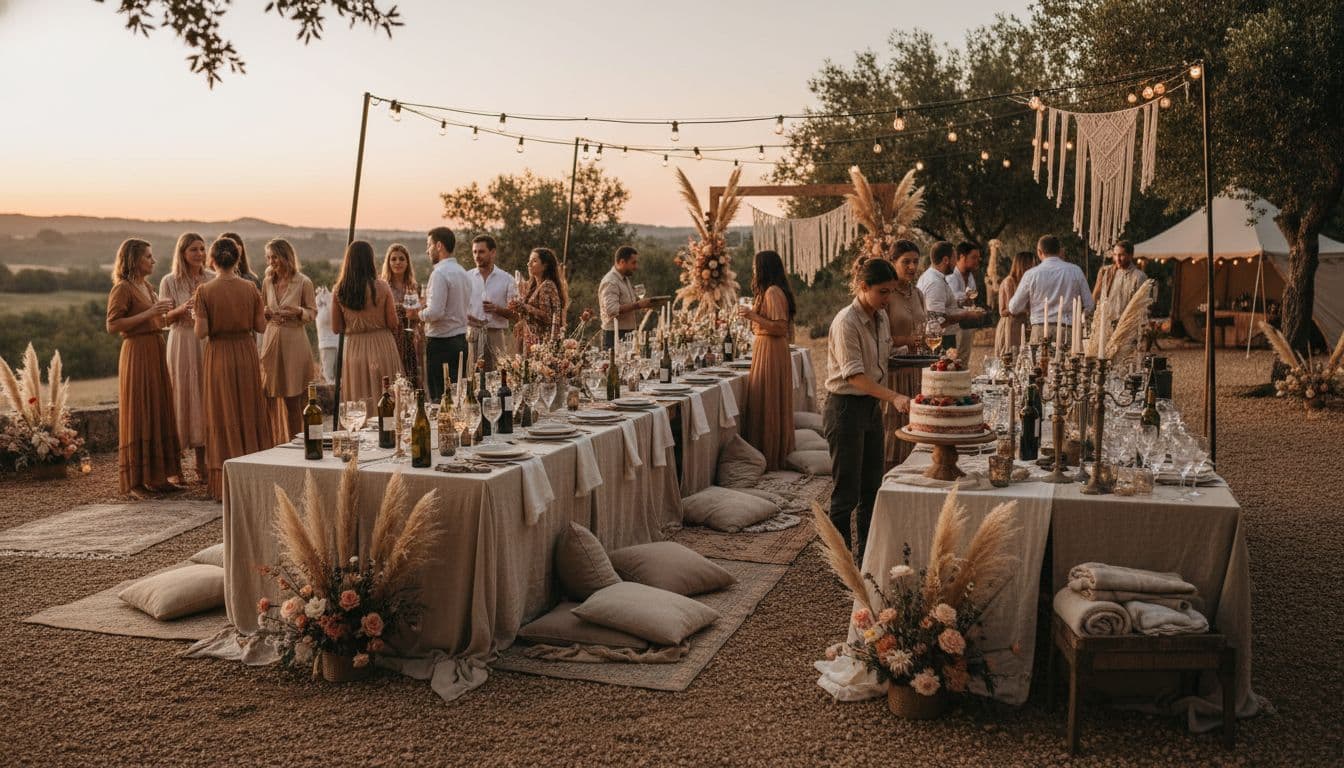 Réception de mariage bohème au crépuscule avec détails de coûts cachés, bouteilles, personnel, gâteau et verrerie