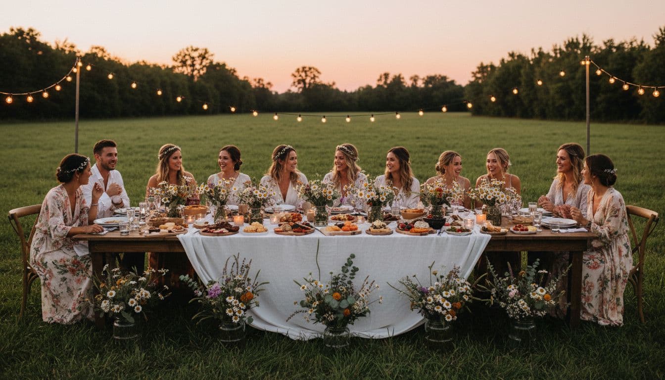 Réception de mariage bohème en plein air, grande table en bois avec vaisselle simple, fleurs sauvages et bougies, invités en tenues légères, ambiance chaleureuse au crépuscule