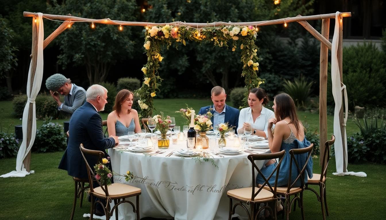 Mariage bohème intimiste en extérieur, table simple avec fleurs sauvages et guirlandes au crépuscule