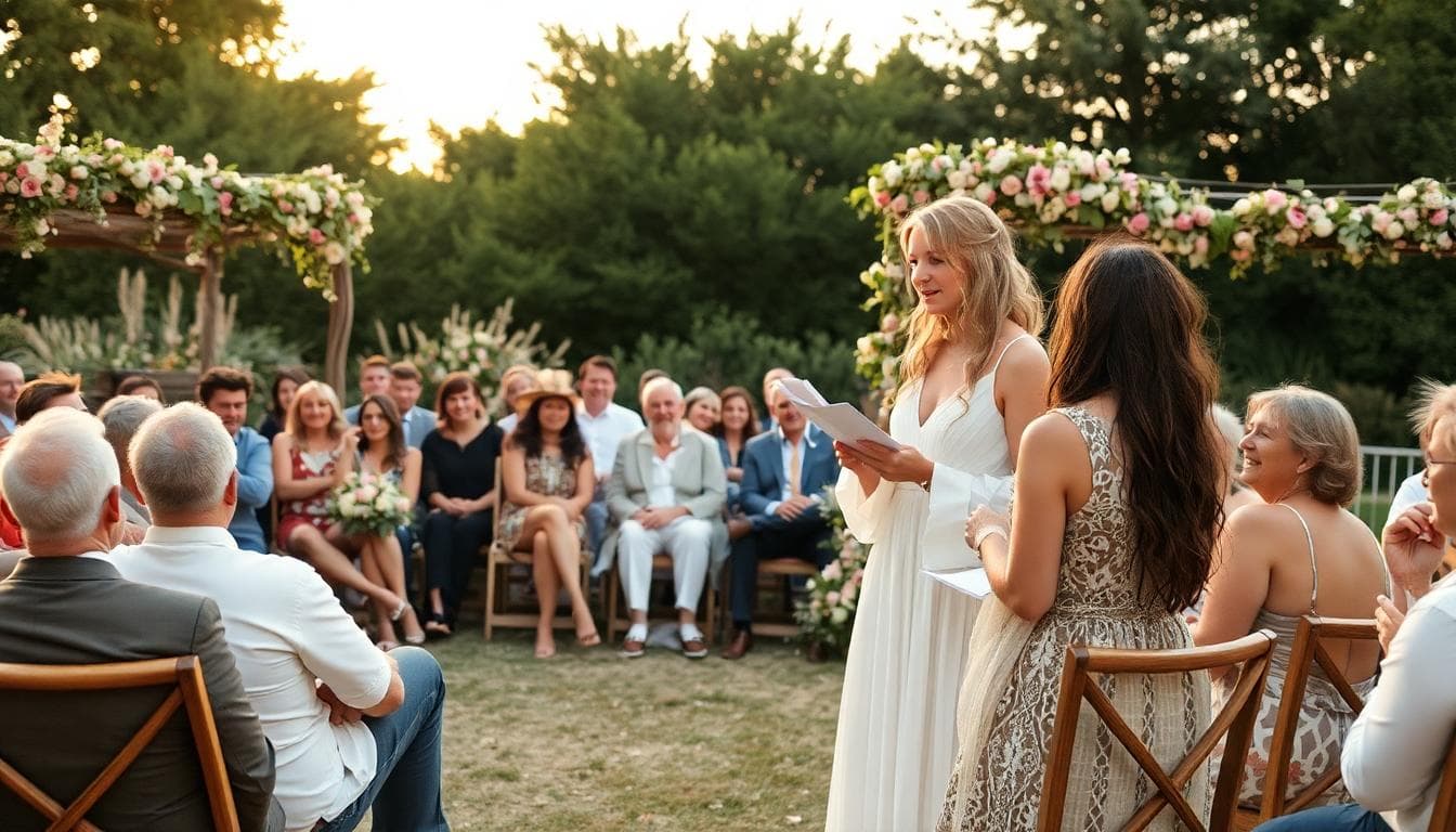 Discours de mariage bohème au coucher du soleil, invitée en robe fluide parlant au couple devant des invités attentifs