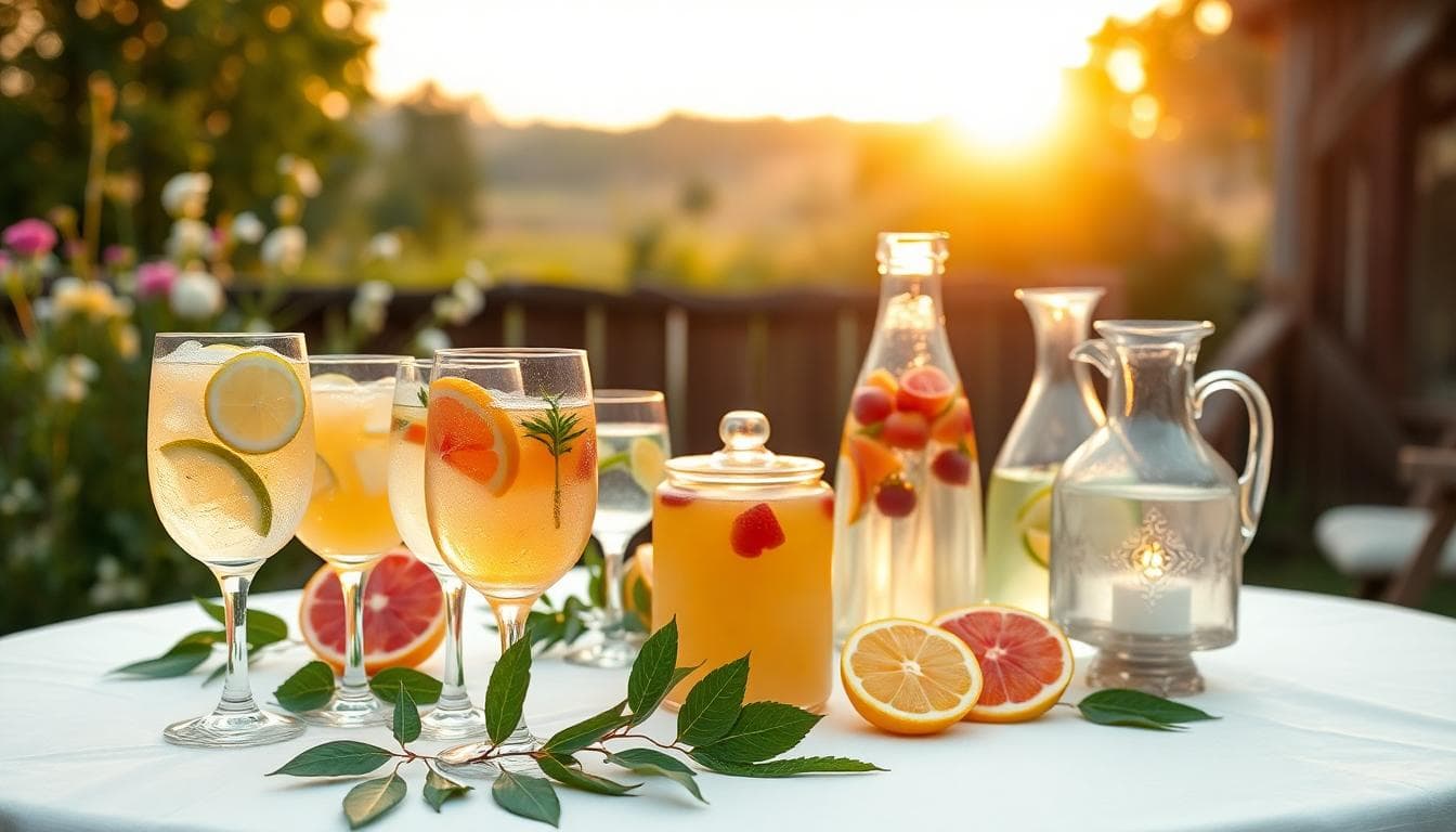 Table bohème en extérieur avec limonades, carafes d’eau pétillante aux fruits et jus colorés. Image created with AI