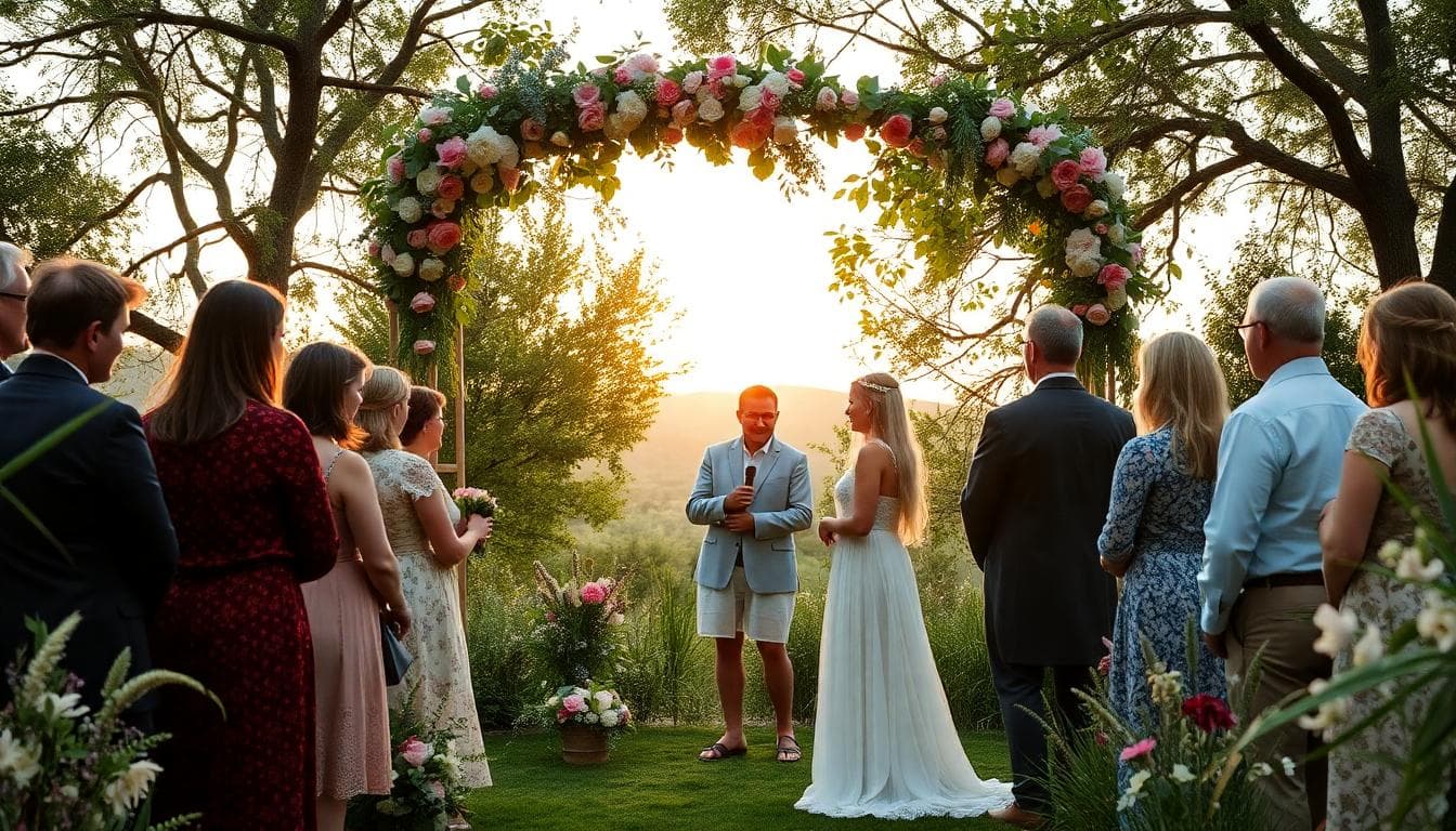 Une cérémonie de mariage laïque bohème en extérieur dans un cadre naturel, avec un couple échangeant des vœux sous un arc de fleurs sauvages, entourés de proches attentifs ; inclut un moment de discours émouvant d'un ami, puis les vœux personnels du couple, et se termine par un baiser tendre ; ambiance romantique et intime, lumière douce du soleil couchant filtrant à travers les arbres, tenues fluides et bohèmes, fleurs et guirlandes en arrière-plan, style réaliste avec couleurs chaudes et tons pastels, haut niveau de détail, sans texte, ratio d'aspect paysage.