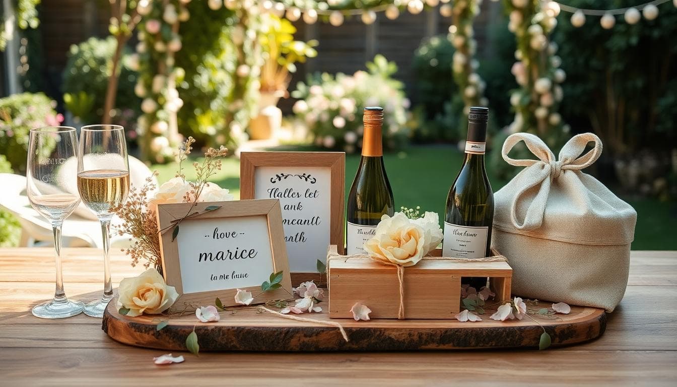 Cadeaux de mariage personnalisés sur une table rustique, ambiance bohème et naturelle