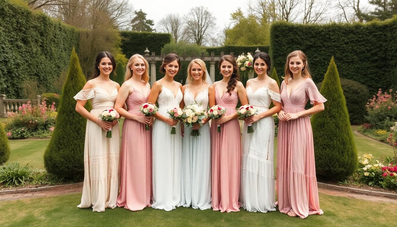 Demoiselles d’honneur en camaïeu de rose, robes bohèmes fluides dans un jardin français, ambiance douce et joyeuse. Image created with AI