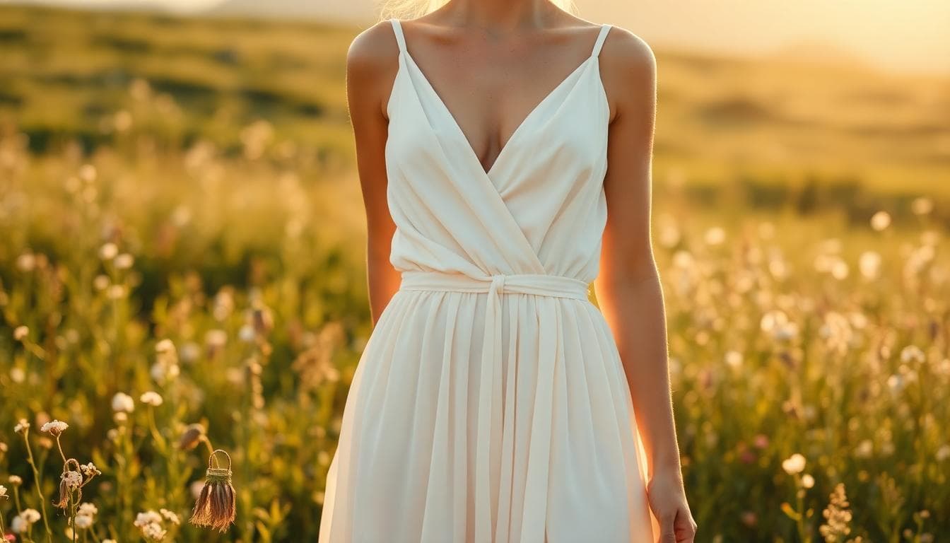 Mariée silhouette X en robe princesse moderne bohème, taille cintrée, décolleté en V et dos nu élégant, dans un champ fleuri au lever du soleil