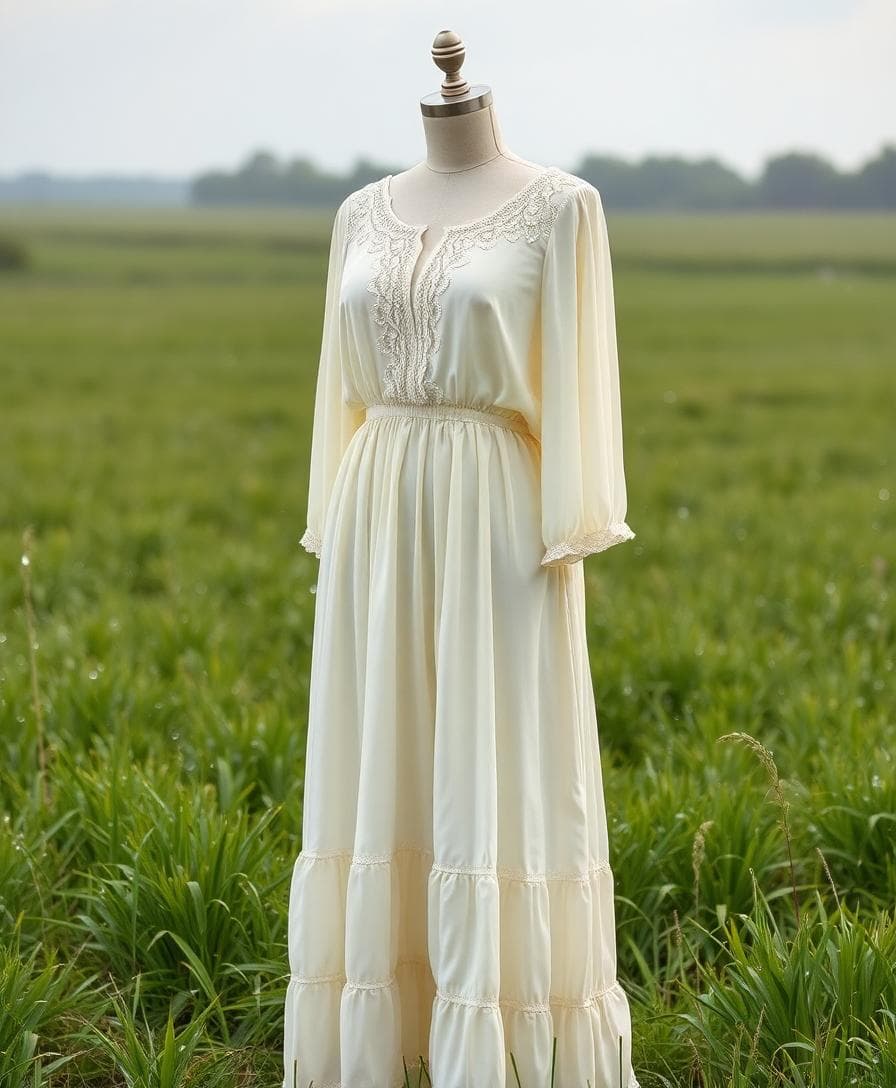 Robe de mariée bohème fluide adaptée à la pluie, coupe empire, manches longues, traîne courte et tissus à séchage rapide.