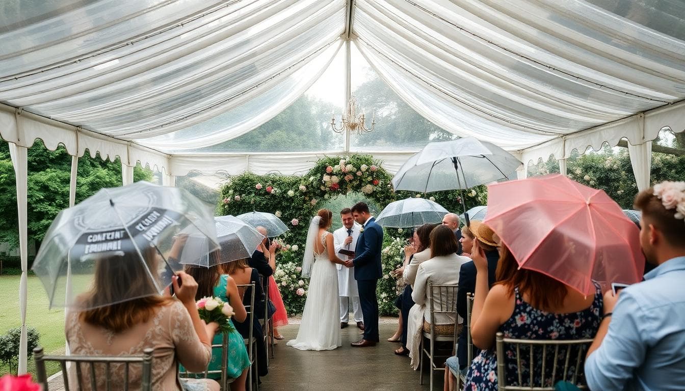 Cérémonie bohème sous une tente élégante pendant une averse légère, invités avec parapluies pastel, jardin français