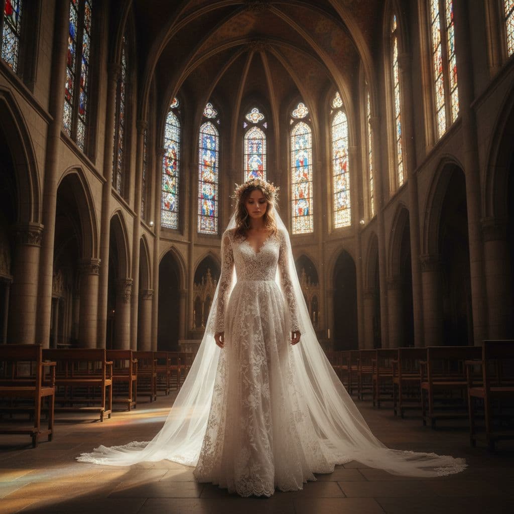 Mariée bohème en dentelle avec voile cathédrale marchant dans l’allée d’une église, ambiance solennelle