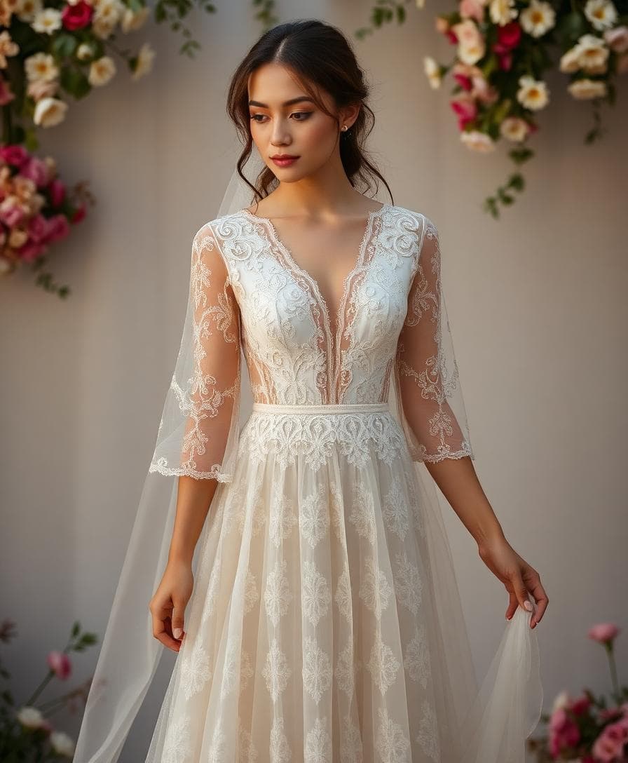 Mariée morphologie en H en robe bohème romantique avec dentelle fine verticale, tulle souple et micro-volants, décolleté V ou carré, manches 3/4 transparentes, décor fleuri au crépuscule