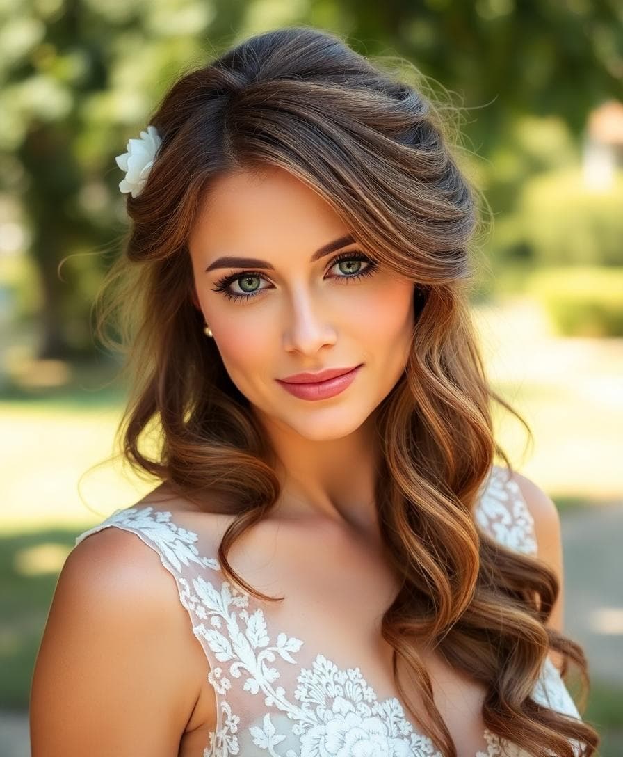 Mariée au visage long, demi-attache wavy avec frange rideau