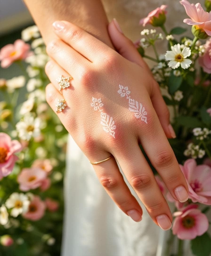 Main féminine avec alliances fines empilées à l’annulaire gauche, style bohème romantique