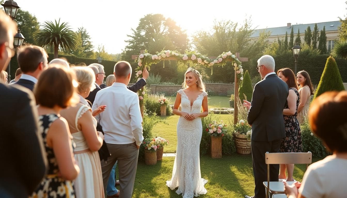 Cérémonie laïque bohème en extérieur avec témoins, ambiance jardin champêtre