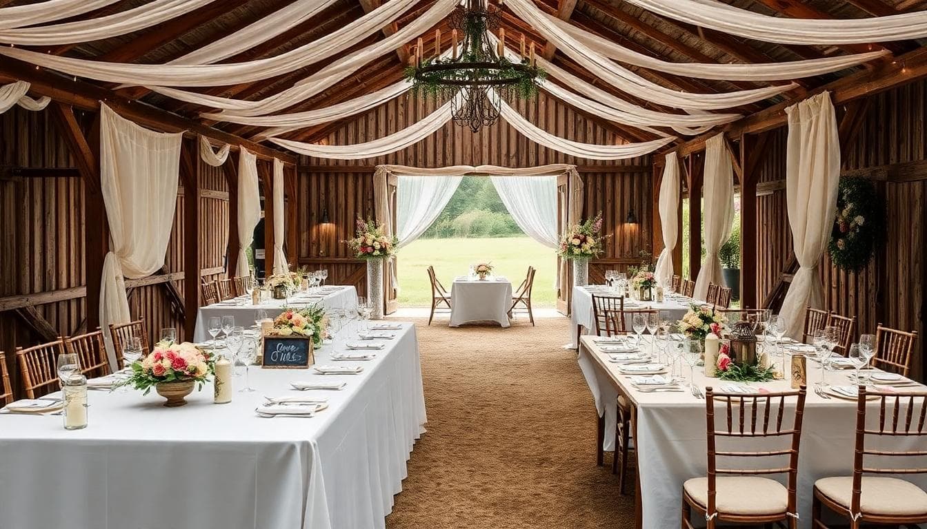 Scène de déco montrant tables nombreuses, grange rustique et matières bohèmes