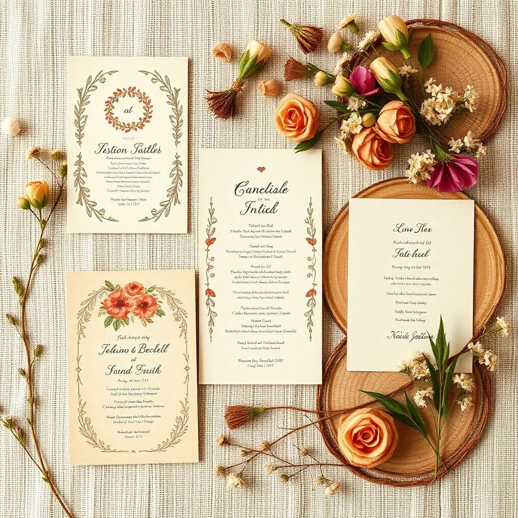 Moodboard bohème pour faire-part, avec terracotta, vert sauge, dentelle, kraft, rubans et fleurs séchées, style romantique rustique