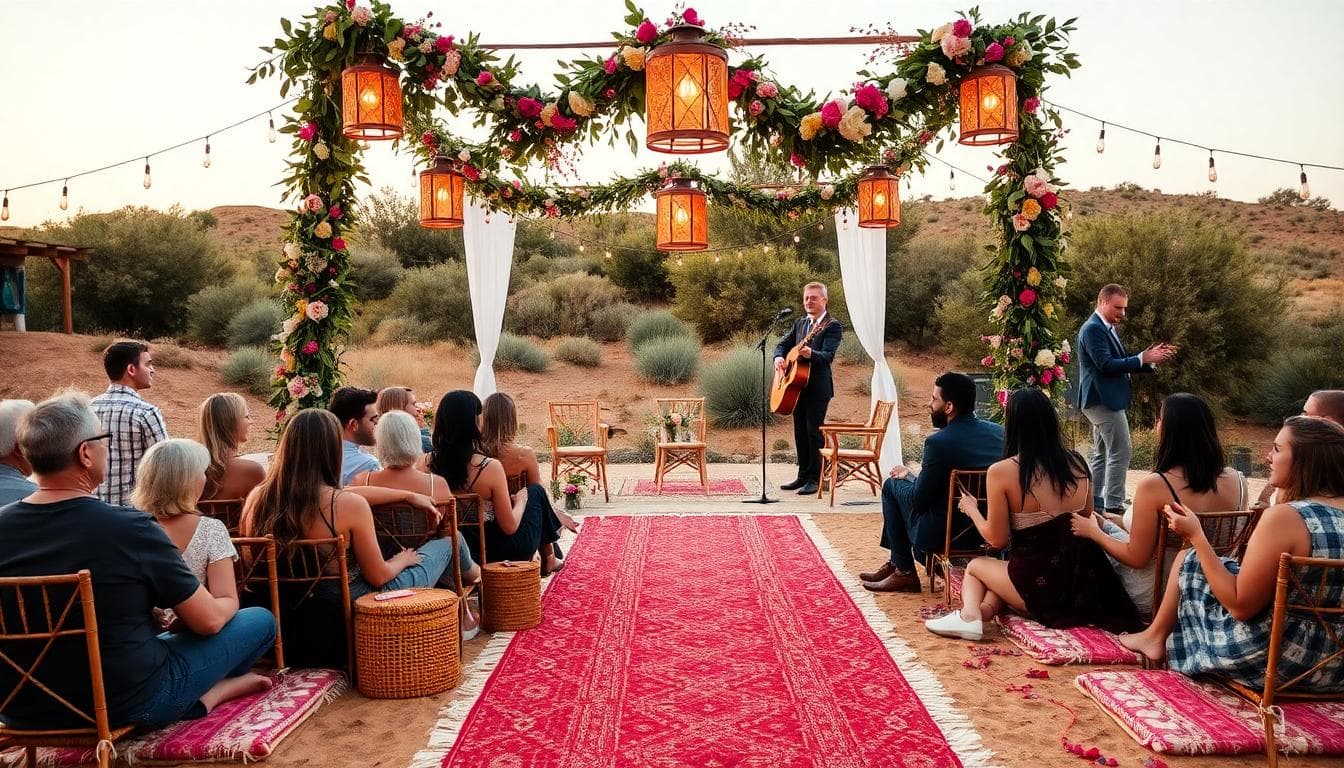 Une décoration bohème pour mariage laïque, avec une arche fleurie de guirlandes et fleurs sauvages, tapis persan au sol, coussins colorés éparpillés, lanternes suspendues, musique live avec guitare, invités assis confortablement, atmosphère chaleureuse et naturelle, style réaliste, couleurs vives et douces, haut niveau de détail, sans texte, ratio paysage.