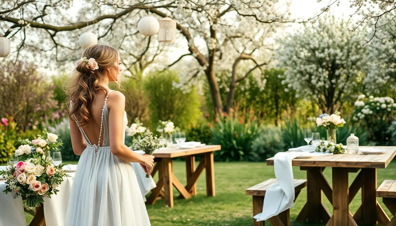 Mariage bohème au printemps en extérieur, tables en bois avec renoncules, pivoines et anémones, rubans et lanternes, nappes claires en lin, jardin verdoyant en fleurs