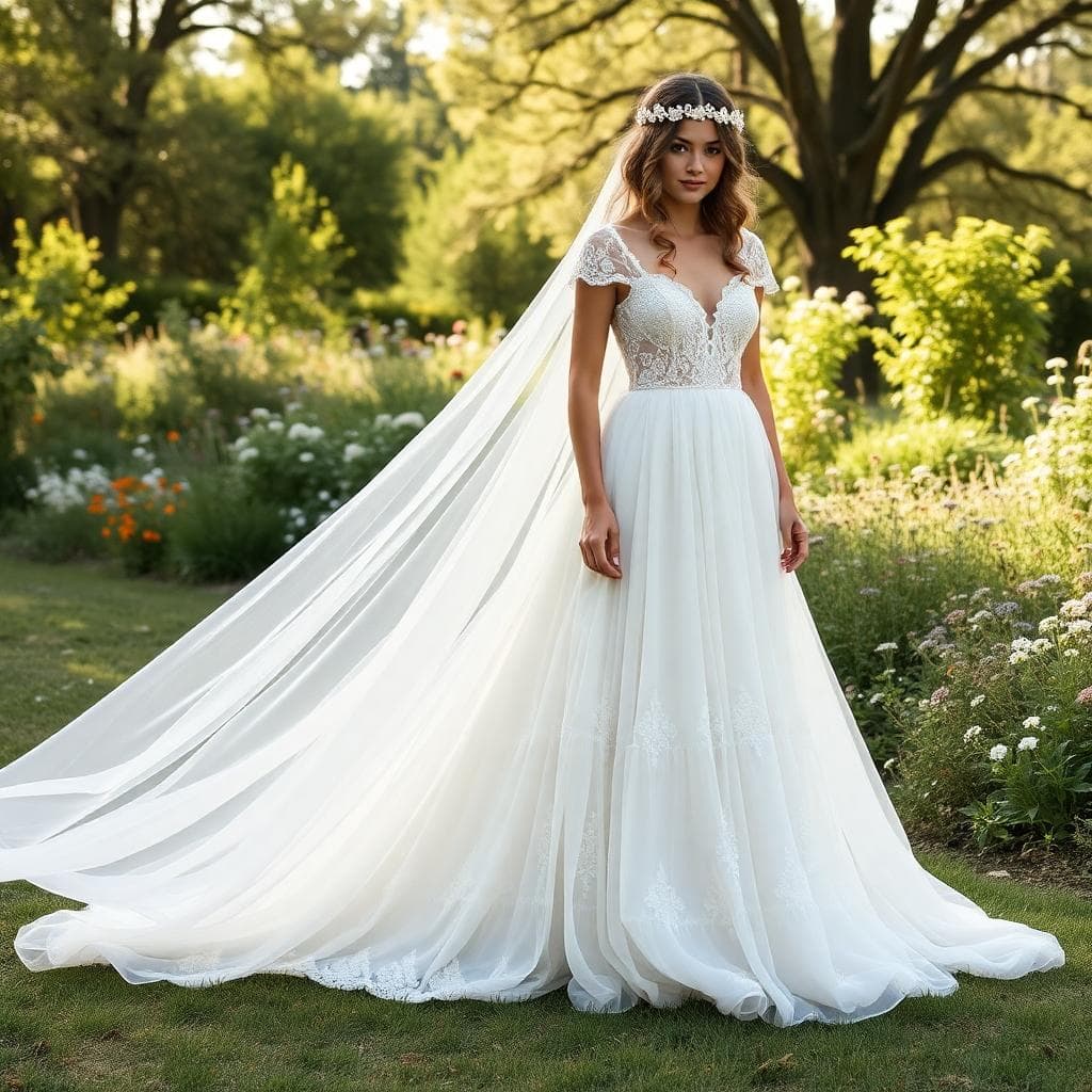 Robe de mariée bohème fluide, dentelle délicate, jardin fleuri, lumière douce de début d’été
